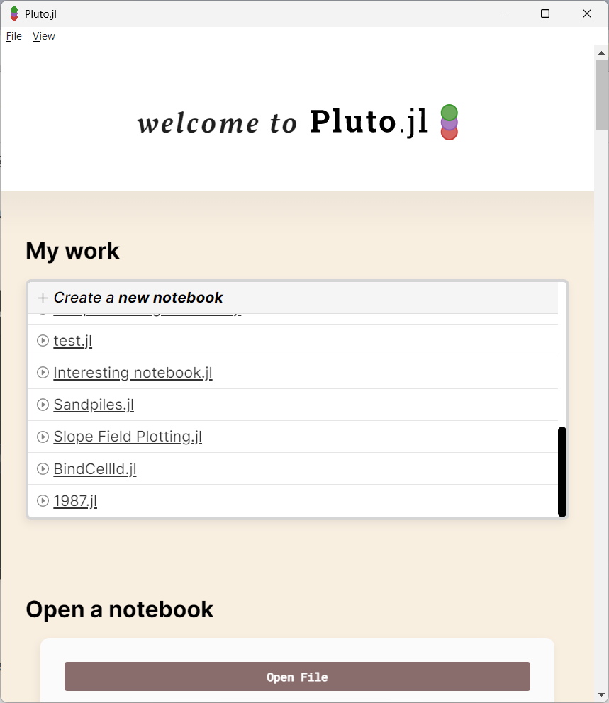 Pluto.jl landing page in Pluto Desktop